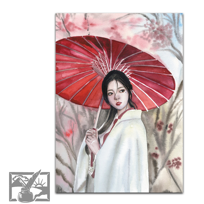 Открытка почтовая. Аксёнова Татьяна. Девушка с зонтиком