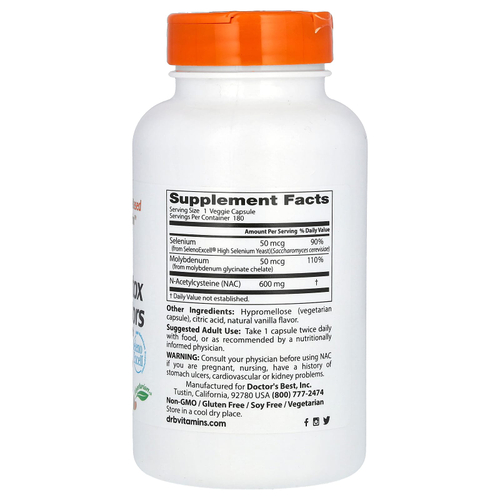 Doctor's Best, NAC для регуляции процесса детоксикации, 180 вегетарианских капсул
