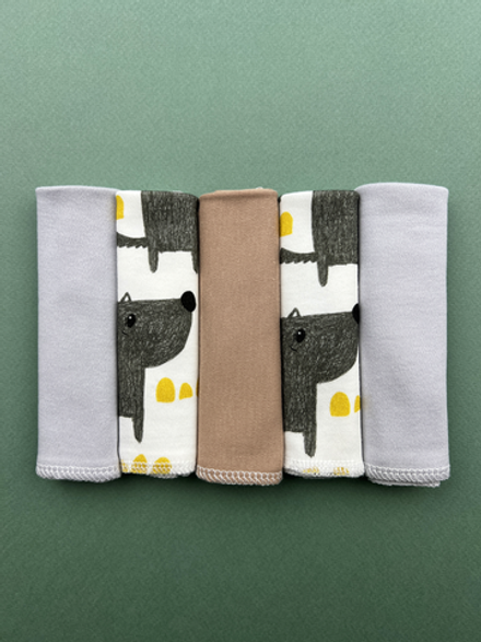 Платочки сет из 5 штук LooJoo Серый шелк / Волки / Карамель