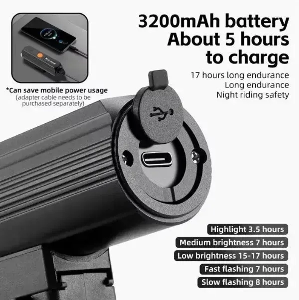 Фонарь велосипедный, передний West Biking YP0701434 (аккум. 3200 mAh, Tape-C)