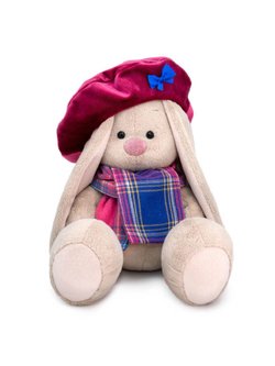 Мягкая игрушка Зайка Ми в бархатном берете и шарфе в клетку 18см