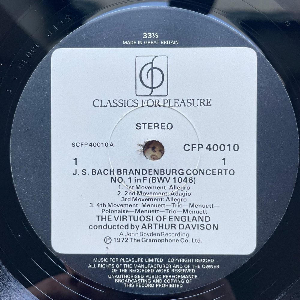 Винтажная виниловая пластинка LP Bach Бах, The Virtuosi Of England, Arthur Davison Brandenburg Concertos Бранденбургские Концерты No. 1 In F Major (UK 1972)