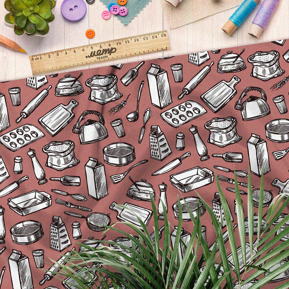Ткань дюспо кухонная утварь на коралловом фоне