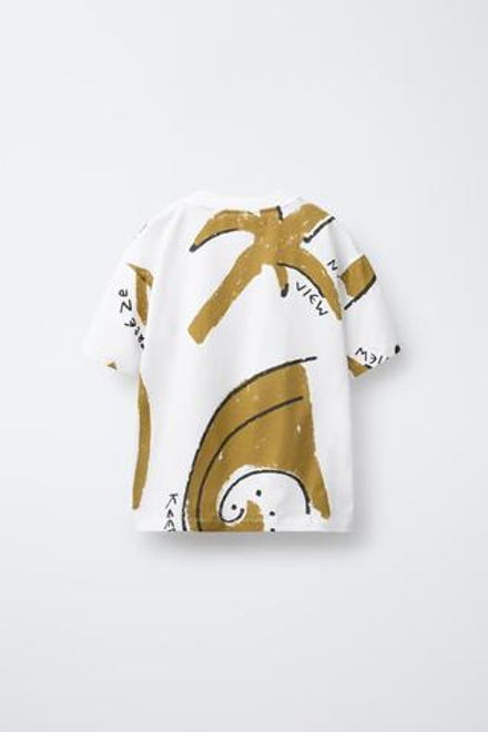 ZARA ФУТБОЛКА С ПРИНТОМ «ПАЛЬМОВЫЙ ЛИСТ», ЭКРЮ