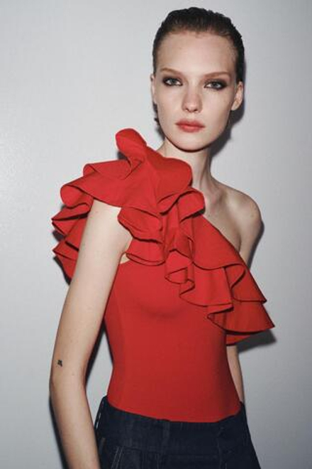 ZARA КОМБИНИРОВАННОЕ БОДИ АСИММЕТРИЧНОГО КРОЯ С ВОЛАНОМ, КРАСНЫЙ