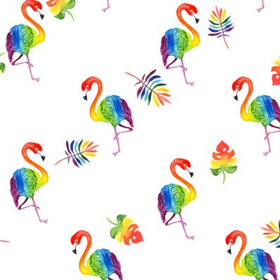 фламинго и тропические листья цвета радуги