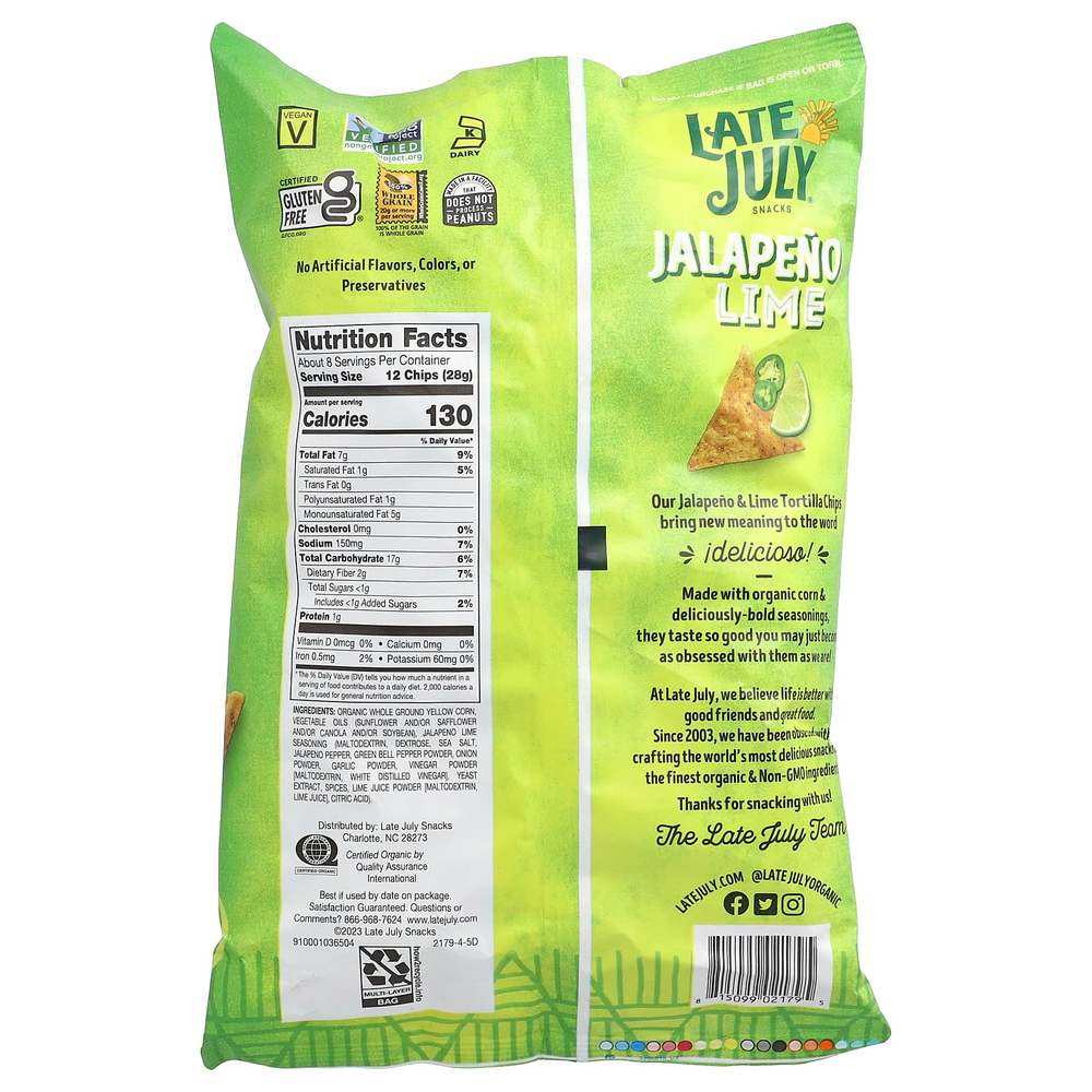 Late July, чипсы из тортильи, халапеньо и лайм, 221 г (7,8 унции)