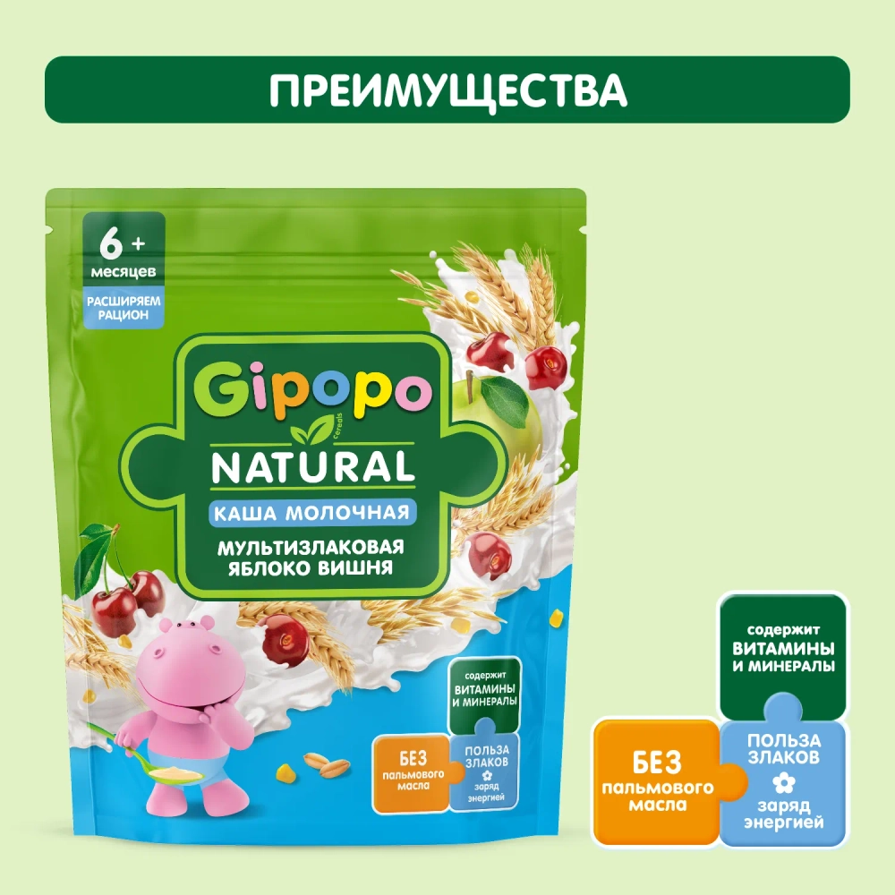 Каша Gipopo молочная Мультизлаковая яблоко вишня 170г с 6 месяцев