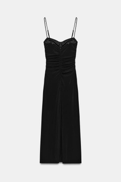 ZARA ПЛАТЬЕ МИДИ СО СБОРКАМИ НА БРЕТЕЛЯХ, ЧЕРНЫЙ