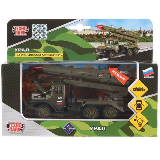 Машина металл УРАЛ вс с ракетой 15 см, дв., капот, подв. дет., инерц.,  кор. Технопарк