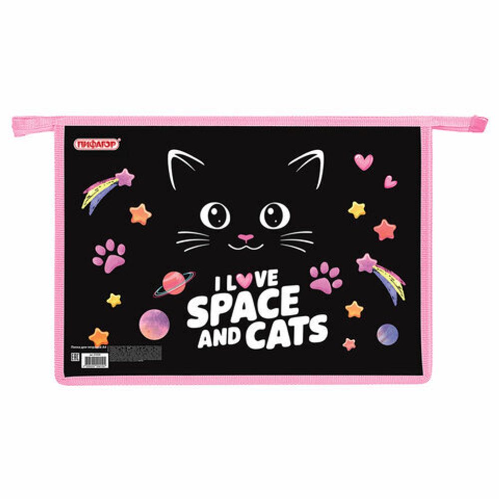 Папка для тетрадей ПИФАГОР А4, 1 отделение, картон/пластик, на молнии, "Dark kitten", 273339