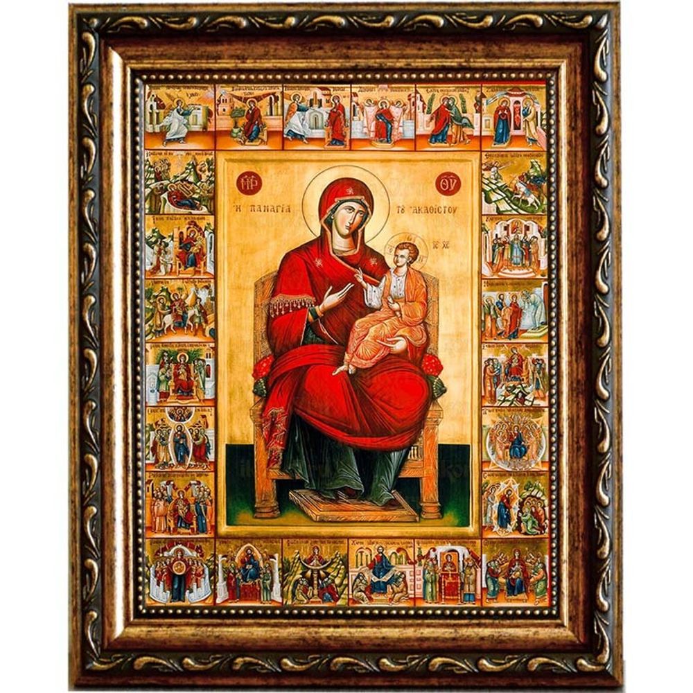 Акафистная икона с клеймами. Икона Божьей Матери на холсте.