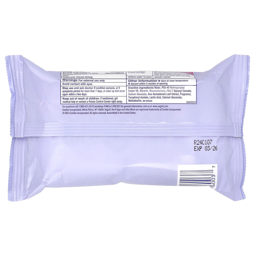 Vagisil, Салфетки от зуда с лекарством, максимальная сила действия, 20 одноразовых салфеток