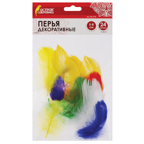 Перья декоративные КАРНАВАЛЬНЫЕ (5-8см), 24шт., 6 цветов, ЯРКИЕ, ассорти, ОСТРОВ СОКРОВИЩ, 661376