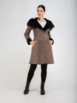 Дубленка женская натуральная длинная с капюшоном Турция