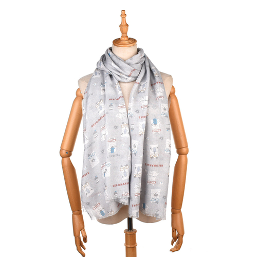 Японский женский палантин с кошачьим принтом ''NEKOMARUKE'', серый шелк, 24-7146-1, KUSUGURU