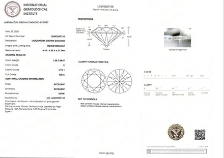 Лабораторно-выращенный бриллиант Кр-57 6.53-6.55 мм D/VVS1 1.08 ct