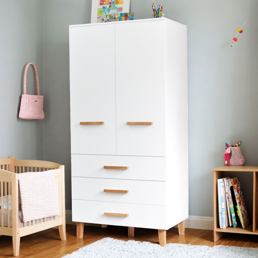 Шкаф 89х56х183, Чек, распашной для одежды, в детскую, спальню, прихожую, с дубовыми ручками и ножками, двухдверный, массив сосны, белый, Dipriz