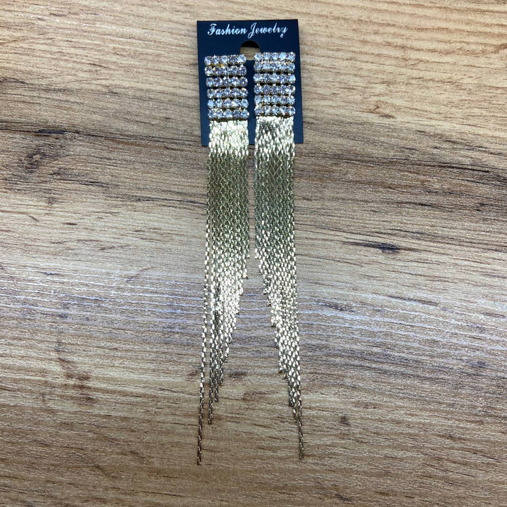 Серьги англ.заст. Bogema прямоугольник из страз 5 х 6 цепочки жгутики металл золотистый