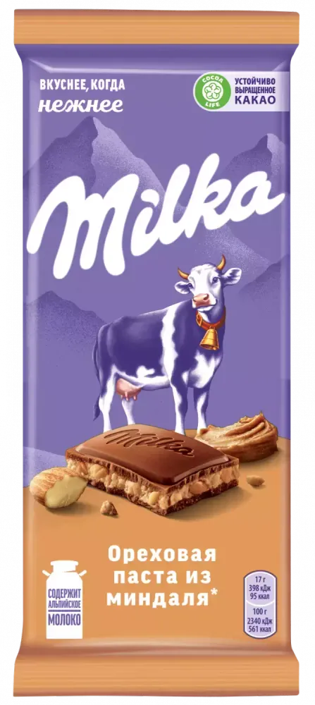 Шоколад Milka молочный с ореховой пастой из миндалья, 85 гр