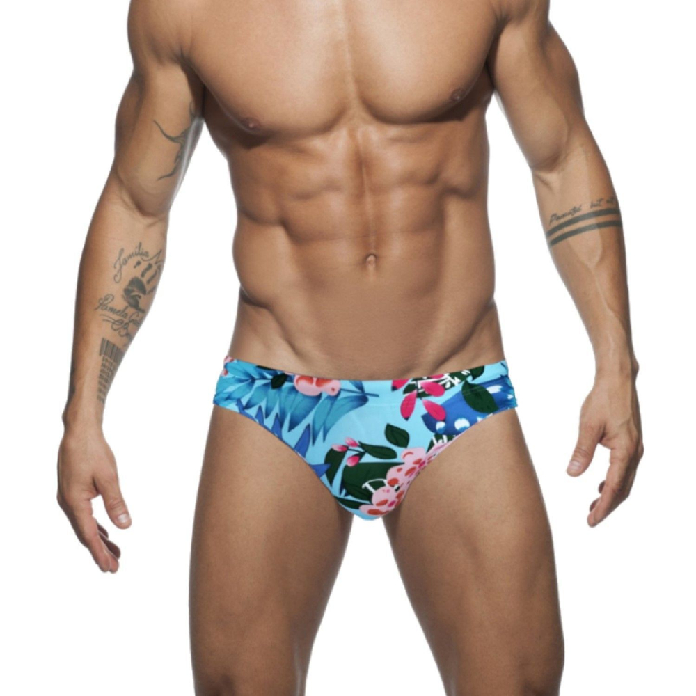 Голубые мужские плавки с крупным растительным принтом (Размер: XXL) (Цвет: голубой)