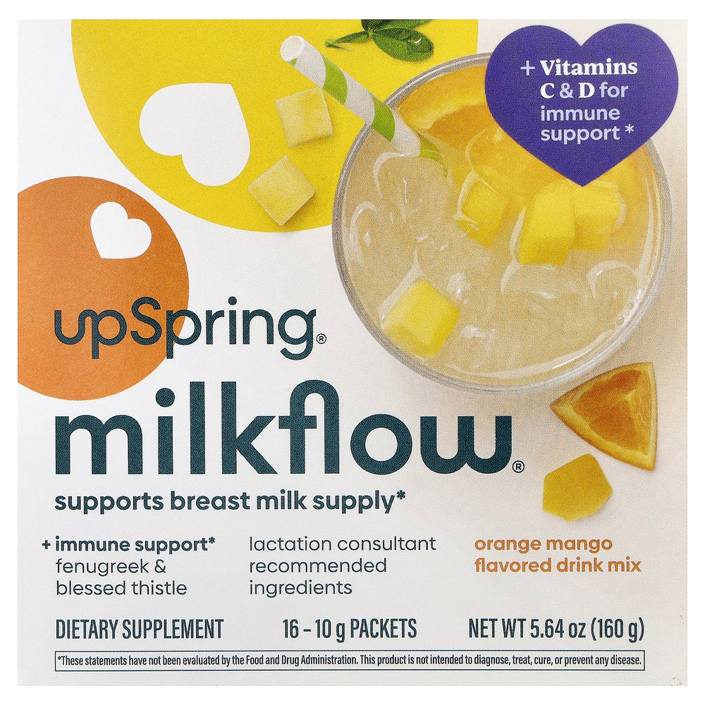 UpSpring, Milkflow®, смесь для приготовления напитка, апельсин и манго, 16 пакетиков по 10 г (0,35 унции)