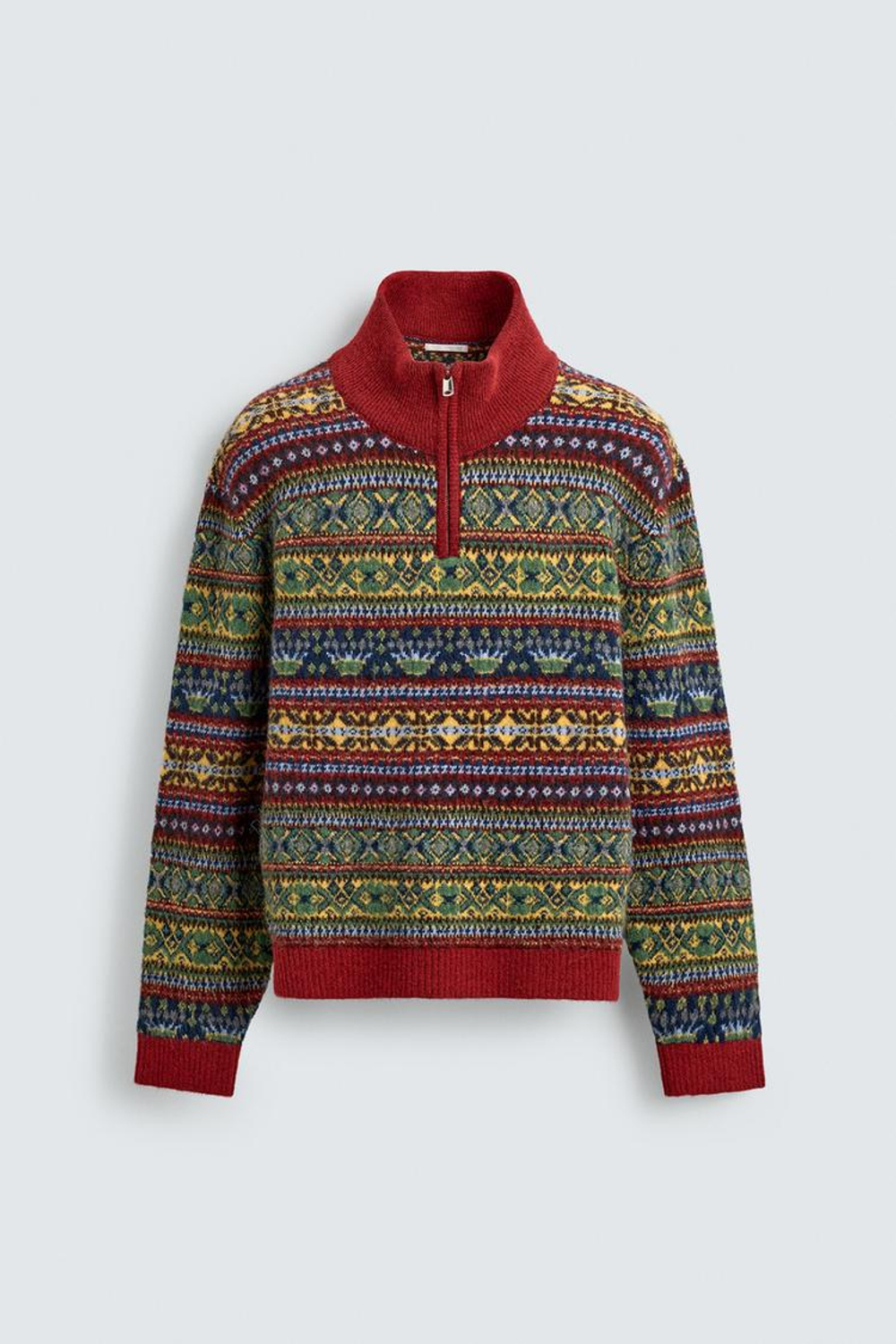 ZARA ЖАККАРДОВЫЙ СВИТЕР С ГЕОМЕТРИЧЕСКИМ УЗОРОМ И ВОРОТНИКОМ НА МОЛНИИ, КРАСНЫЙ