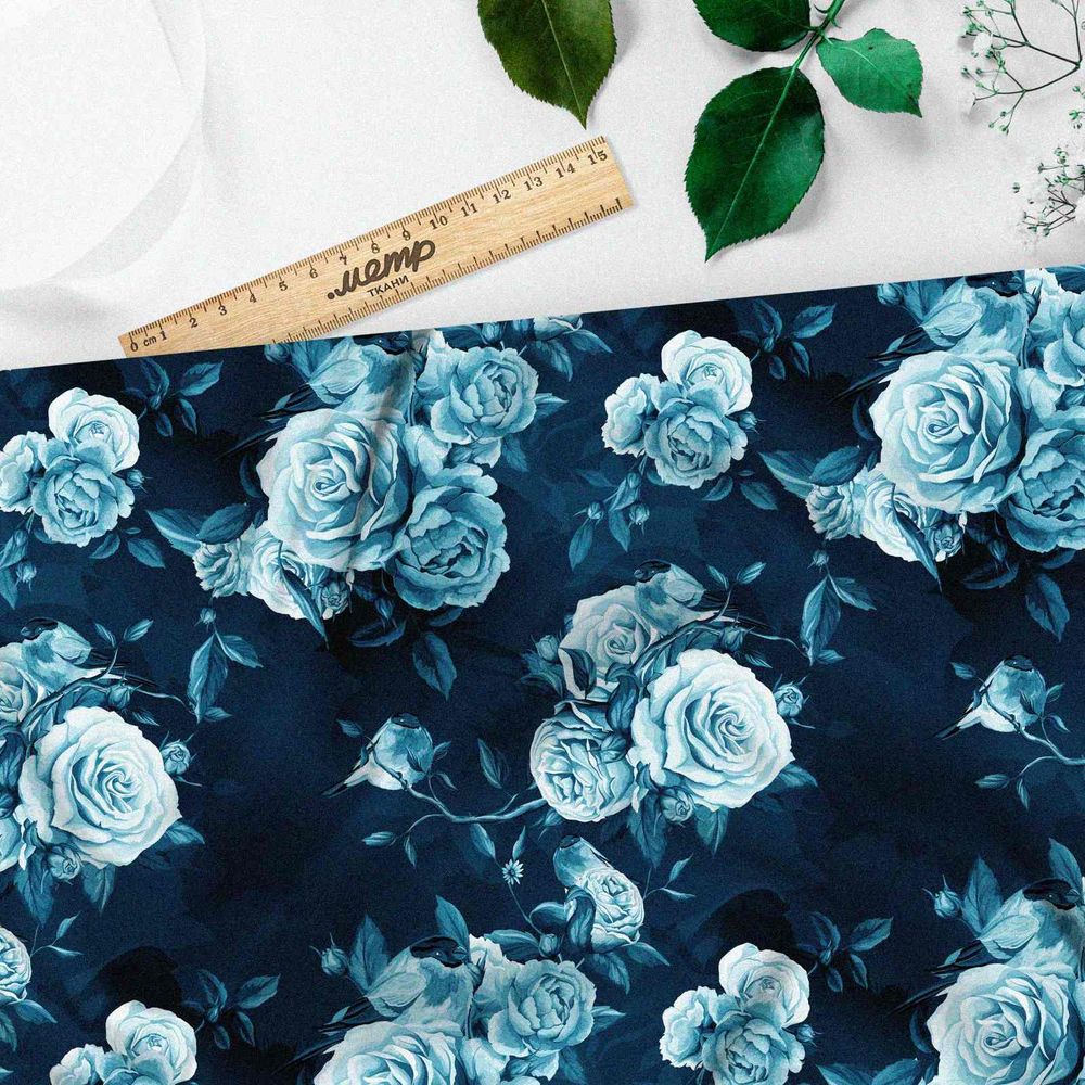 Ткань бифлекс голубые розы в тумане