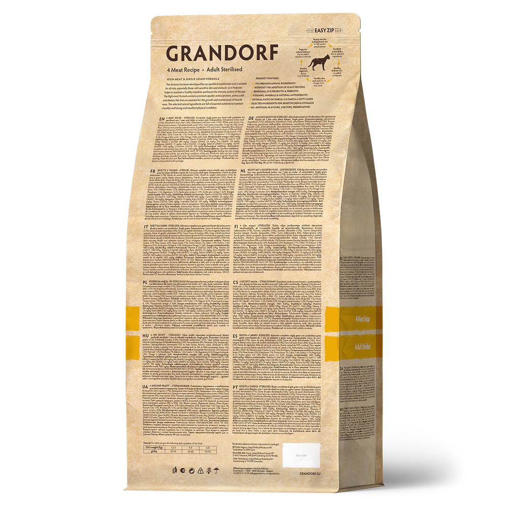 Grandorf Adult Sterilised Сухой корм для стерилизованных кошек 4 вида мяса с пробиотикам 2кг