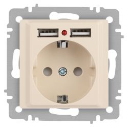 Розетка Intro Accent 6-410-02 с заземлением 2P+E Schuko со шторками 16А-250В + 2хUSB IP20 СУ слоновая кость | Intro