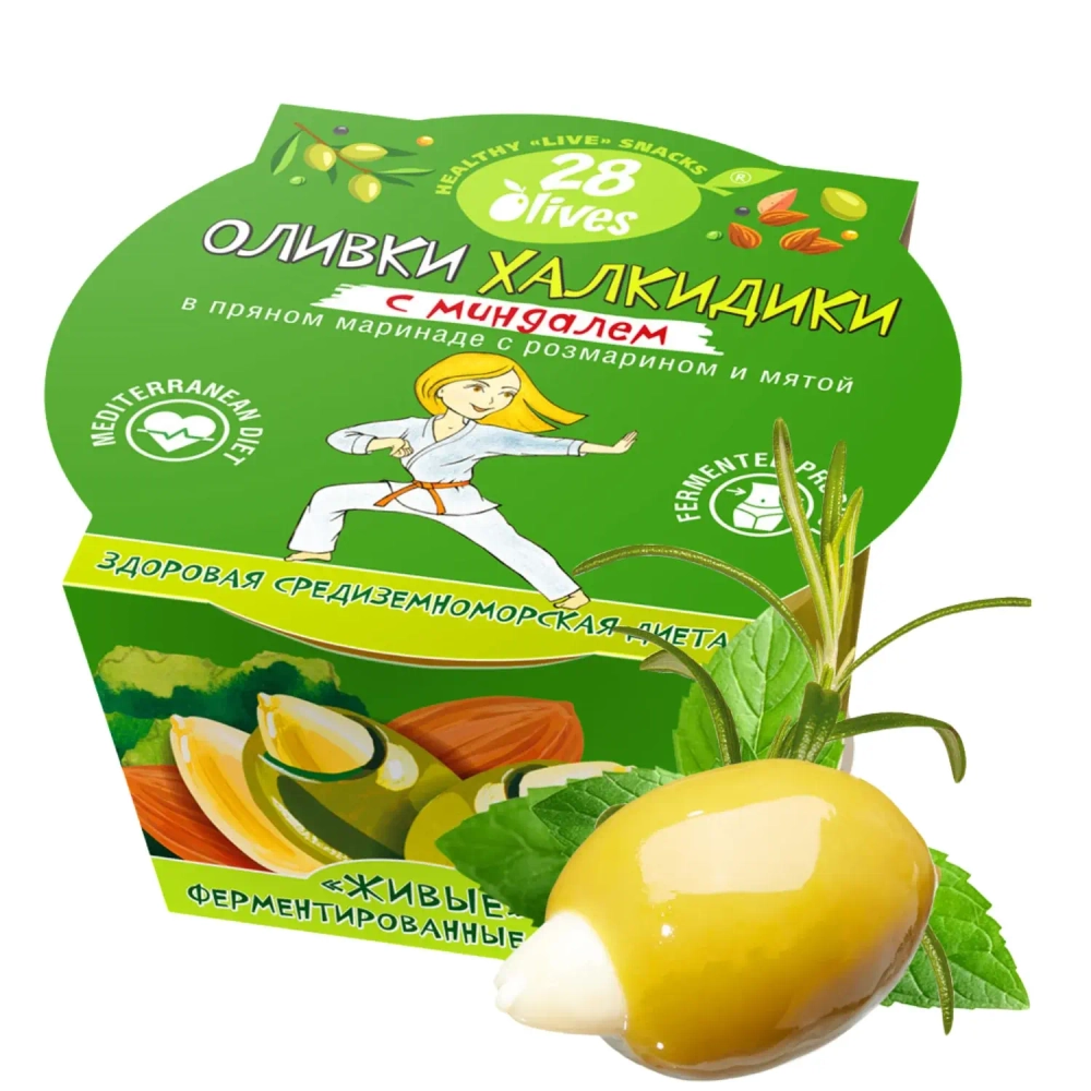 Оливки Халкидики с миндалем в пряном маринаде с розмарином и мятой 28Olives, 150 г, упаковка с оливкой