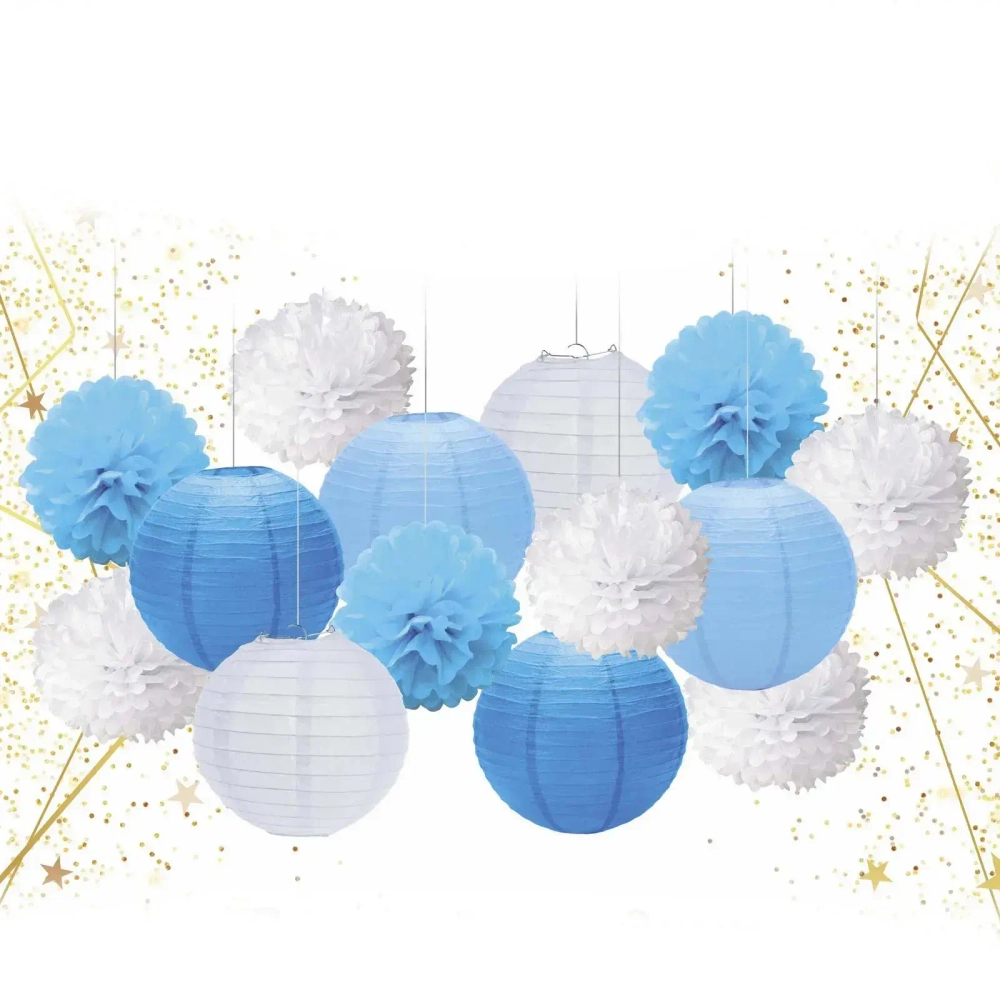 Набор помпонов и фонариков «Весёлый праздник» (14 предметов), Голубой/Белый