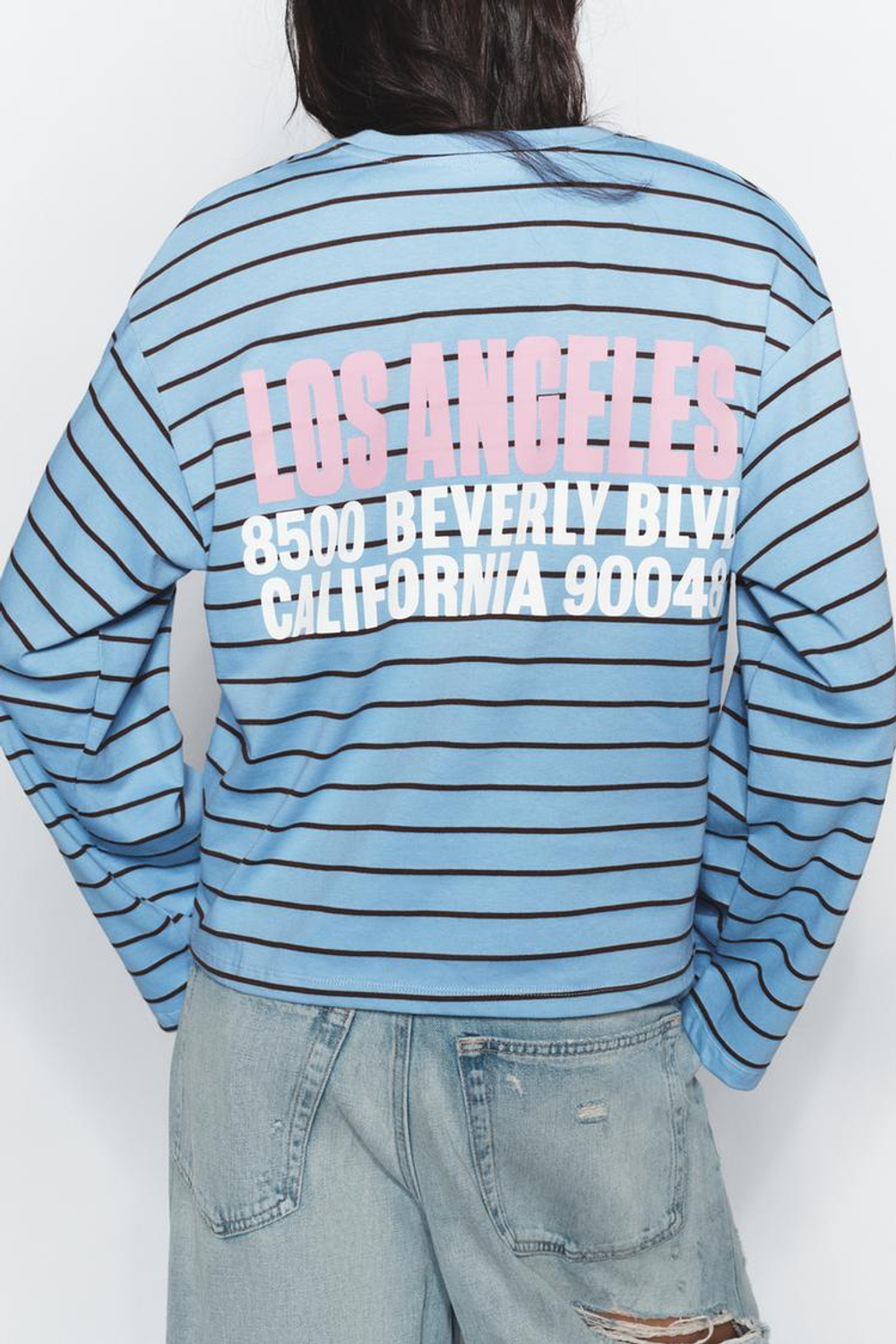 ZARA ФУТБОЛКА В ПОЛОСКУ С НАДПИСЬЮ, СИНИЙ