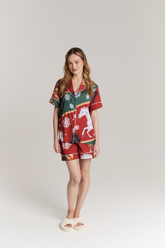 Шелковая блуза с кантом - новогодние лошади