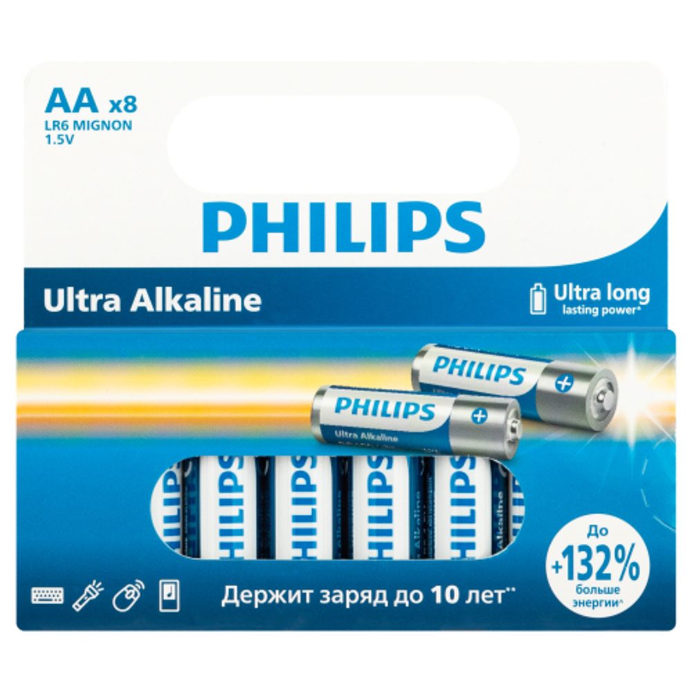 Батарейки Philips LR6E8W/51 АА алкалиновые 1,5v 8 шт. LR6-8BL Ultra