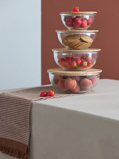 Набор из 4-х стеклянных мисок eco store с крышками из бамбука