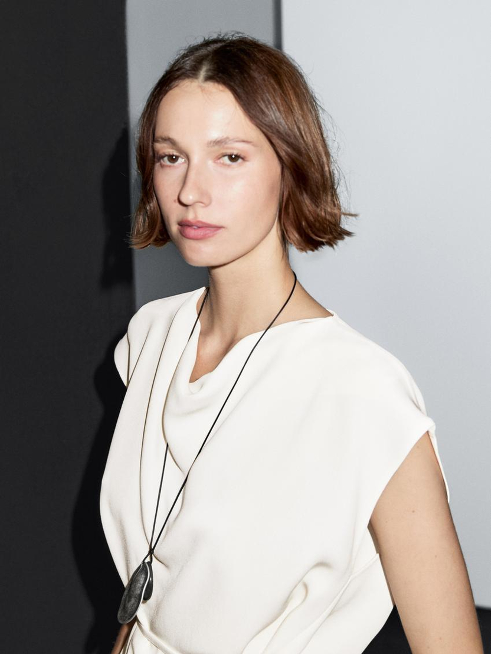 Massimo Dutti Топ из крепа с драпированным вырезом, натуральный, кремовый