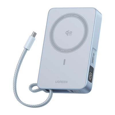Внешний аккумулятор MagSafe со встроенным кабелем Ugreen MagFlow (Qi2.2) (10000 мА·ч) (PB773) Беспроводная зарядка: Qi 25 Вт. Проводная зарядка: USB-C, встроенный кабель USB-C. Сертификация Qi2. Есть дисплей, поддержка PD 3.0, QC 3.0, PPS, AFC, SCP и FCP.