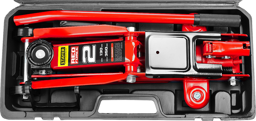 STAYER R-28 RED FORCE, в кейсе, 2 т, 130 - 350 мм, подкатной домкрат для легковых а/м, Professional (43153-2-K)