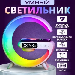 Умный ночник 4в1: Bluetooth колонка, RGB-подсветка, беспроводная зарядка, будильник лампа для спальни, подарок
