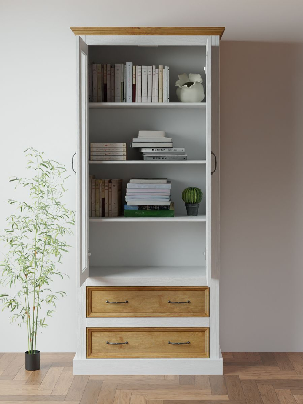 Шкаф-витрина деревянная Ландхаус 180 см, буфет для кухни из массива сосны 2 двери 2 ящика