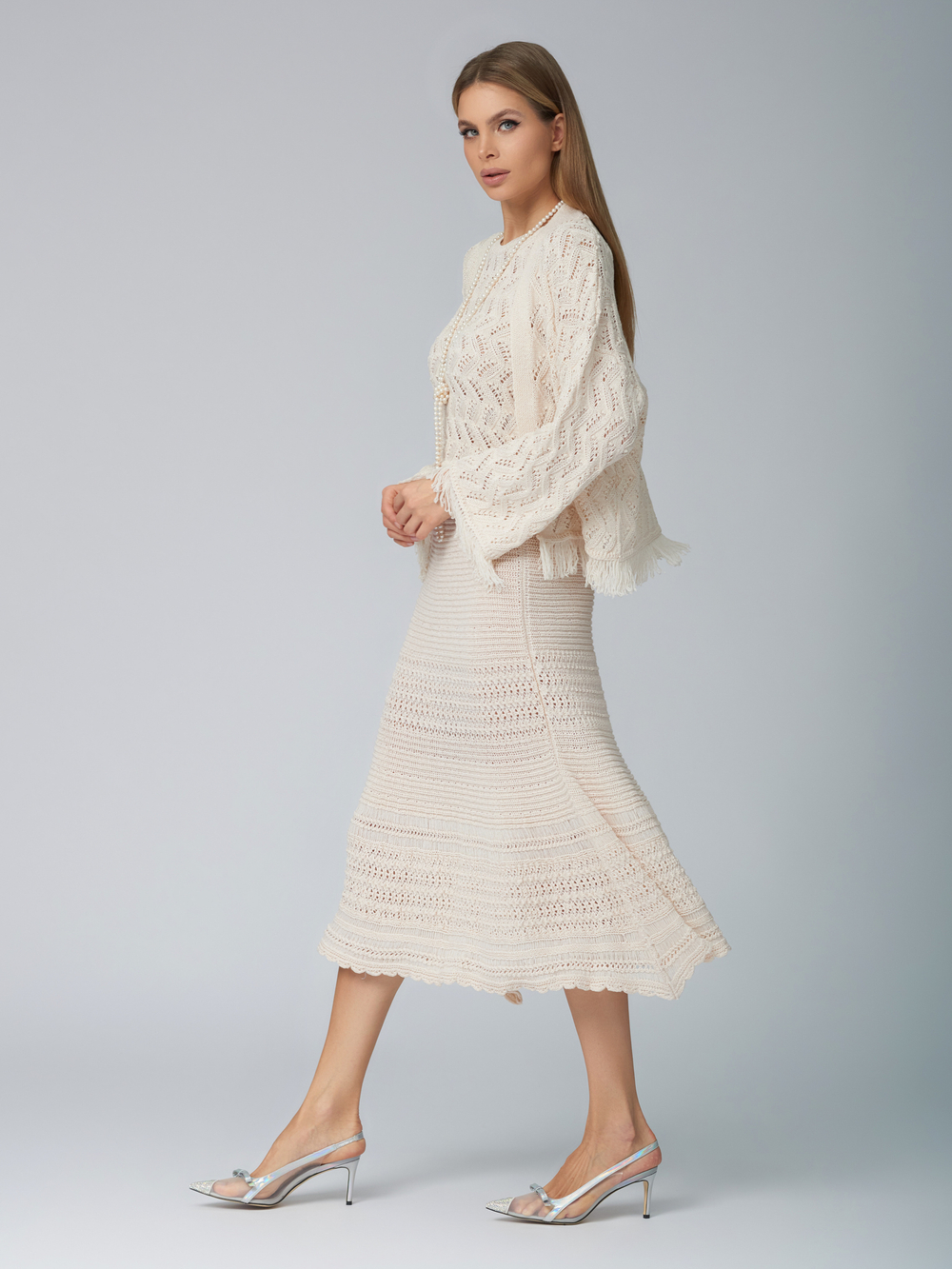 Женская трикотажная юбка молочная с ажурным узором