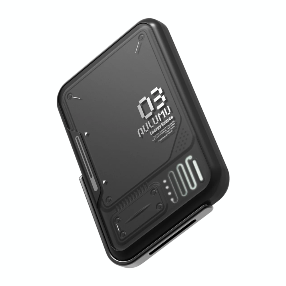 Внешний аккумулятор MagSafe с подставкой Aulumu M03 Battery Pack (3500 мА·ч) Внешний аккумулятор в футуристическом стиле | Беспроводная зарядка: Qi 5 Вт. Проводная зарядка: нет. Есть LED-индикация. Энергоёмкость — 12,95 Вт·ч