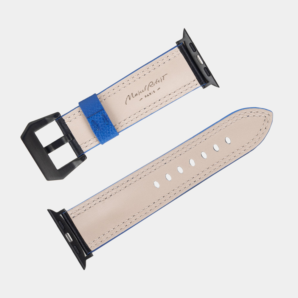 Ремешок для Apple Watch Ultra 49mm из кожи теленка черного цвета с синей строчкой