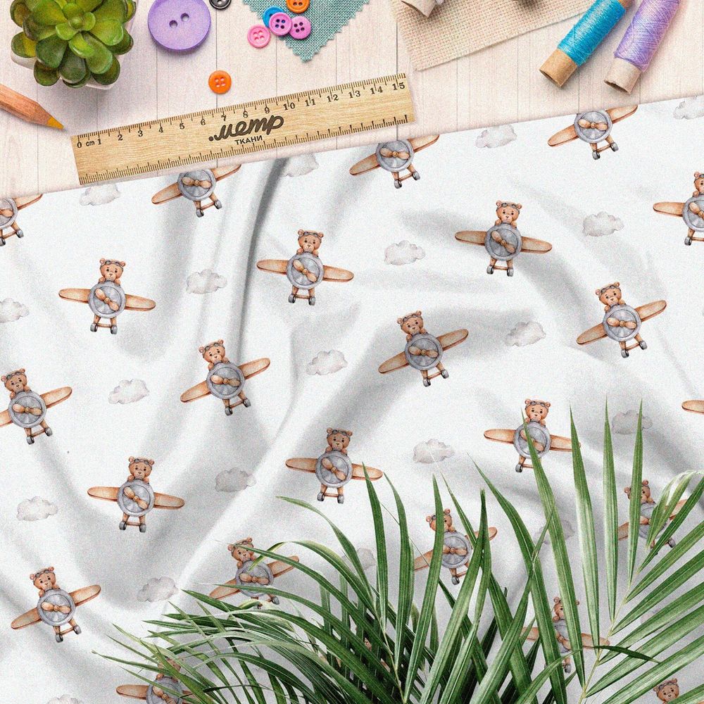 Ткань атлас медвежата на самолёте