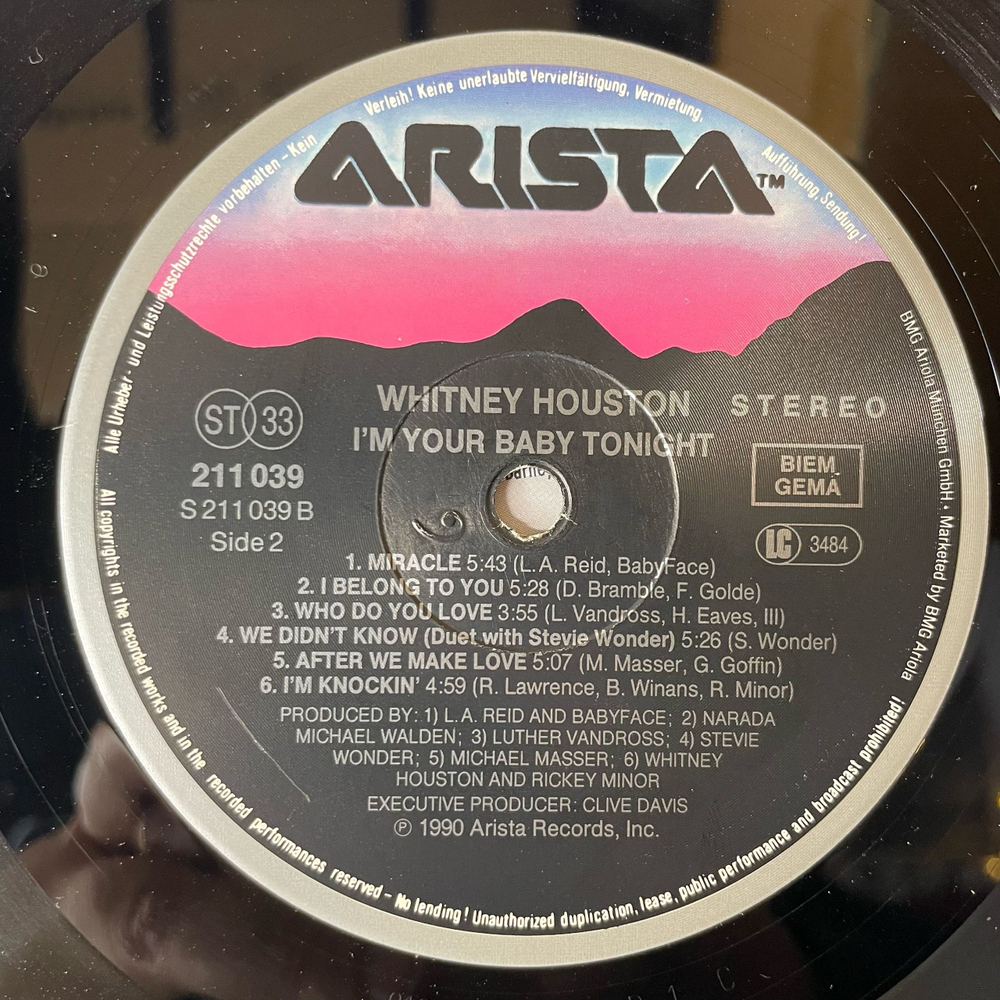 Винтажная виниловая пластинка LP Whitney Houston I'm Your Baby Tonight (Германия 1990)