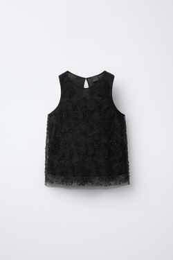 ZARA КРУЖЕВНОЙ ТОП С БИСЕРОМ, ЧЕРНЫЙ