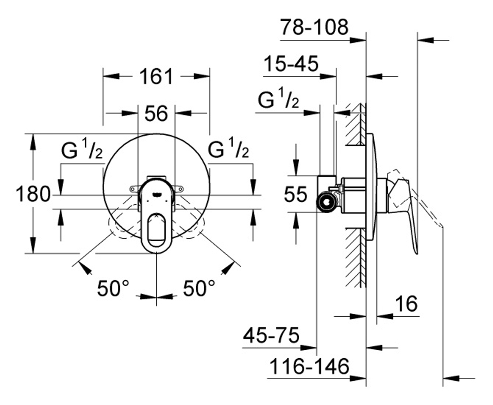 Смеситель для душа GROHE BauLoop (внешняя и встраиваемая части), хром 29080000