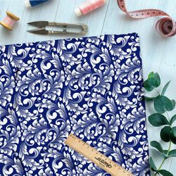 Ткань шелк Армани симметричный крупный узор гжели на синем фоне