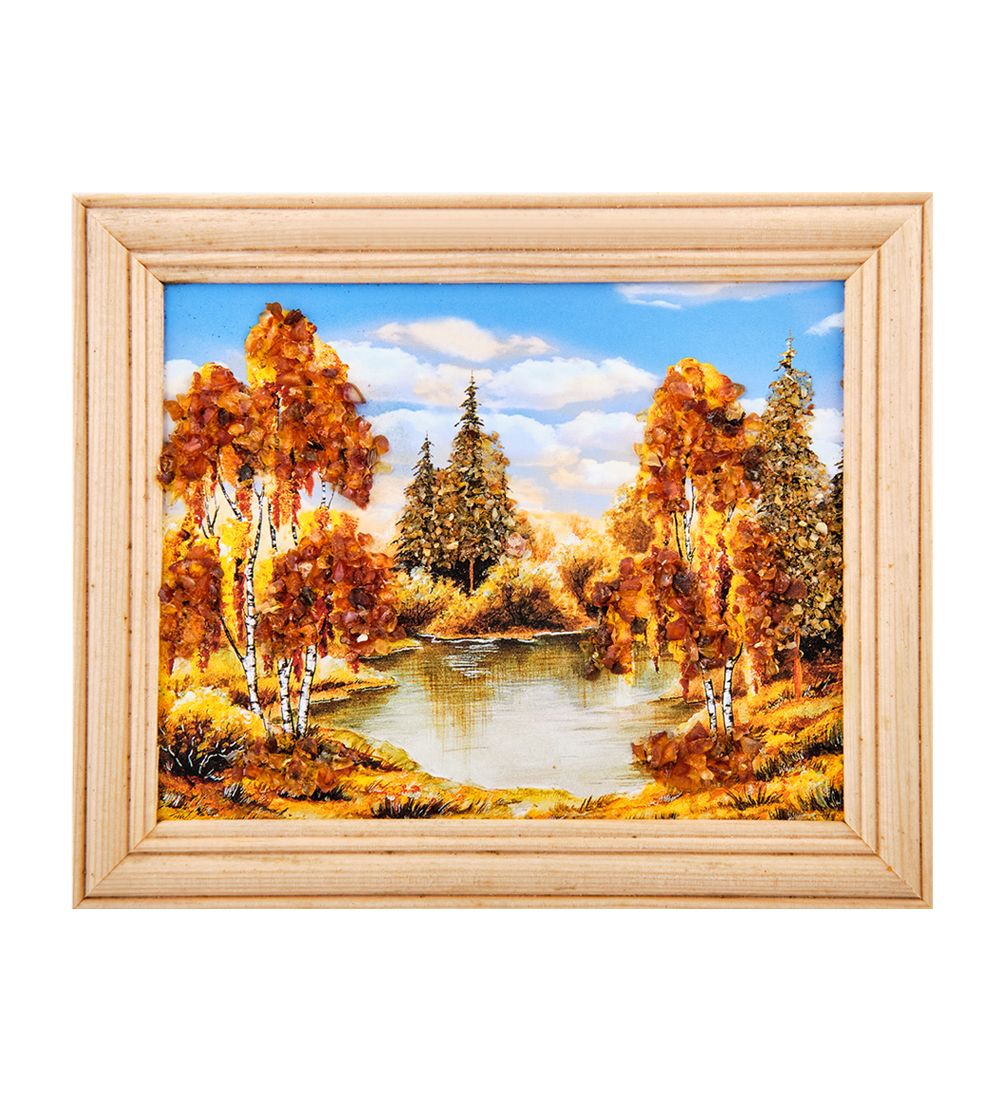 AMB-54/ 4 Картина «Озеро в лесу» (с янтарной крошкой) дер.рамка 12х15